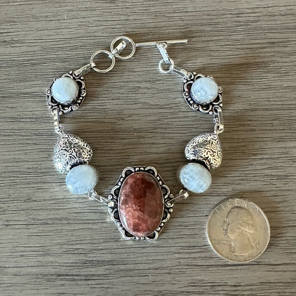 1058 Red Aventurine Rainbow Moonstone Bracelet Silver Statement Jewelry - Picture 6 of 10